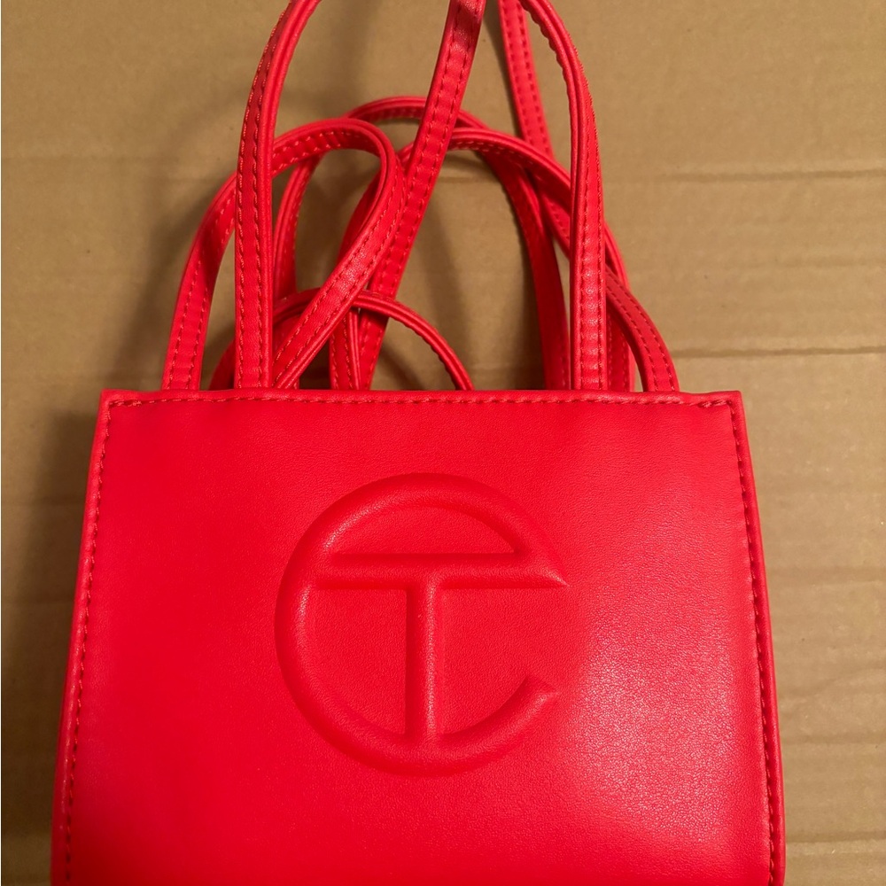 Telfar Red Mini Bag with Embossed Logo and Dual Handles